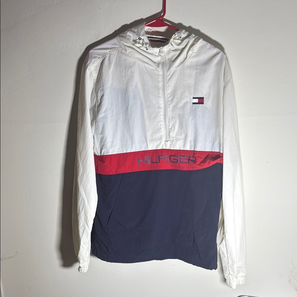 Tommy Hilfiger White and Red Windbreaker Jacket Lightweight Sporty Design